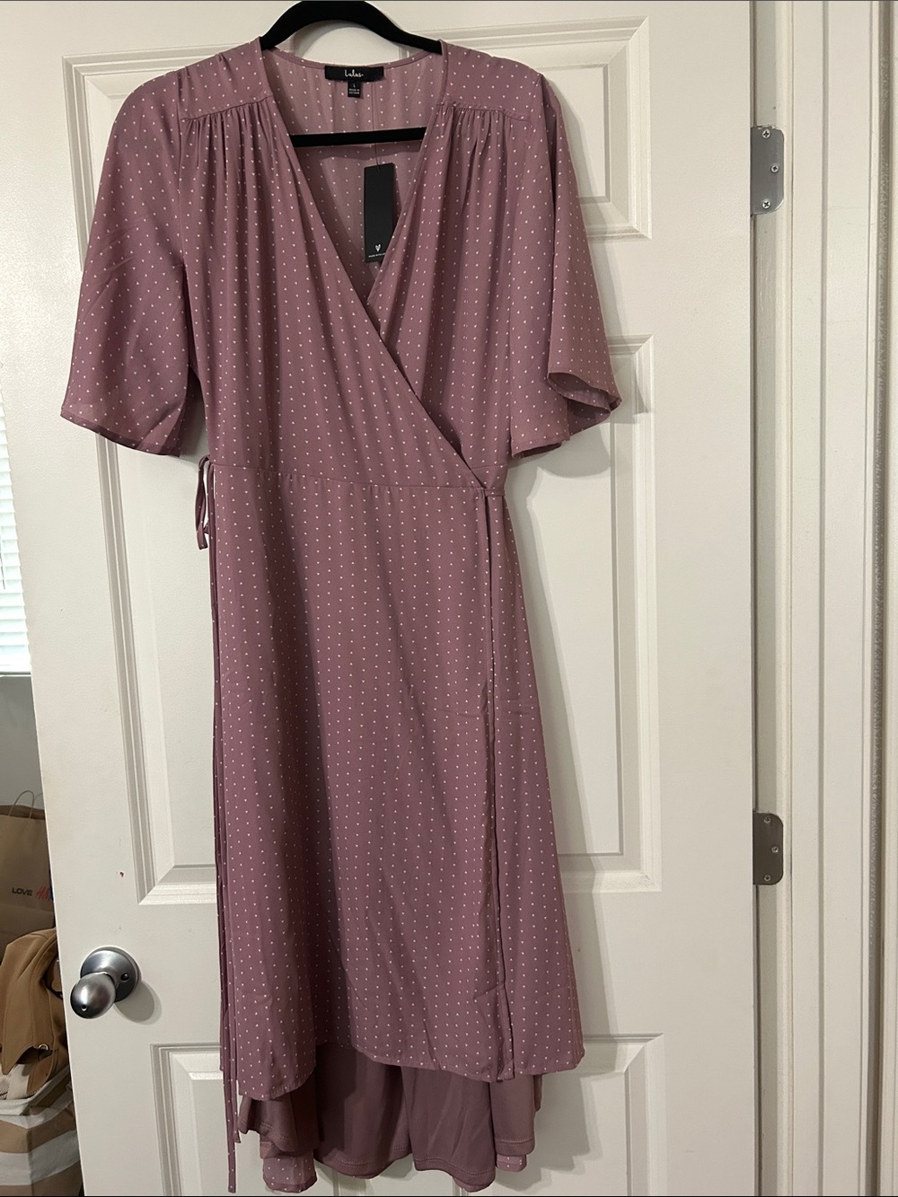 Lulu's Dusty Mauve Polka Dot High-Low Wrap Dress